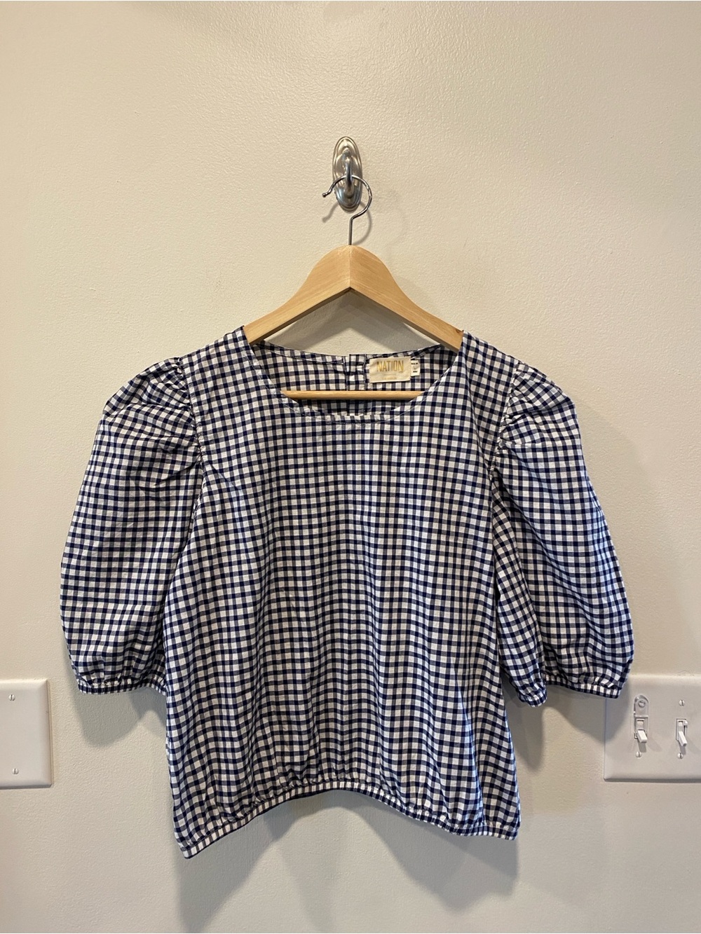 Nation LTD Womens gingham puff sleeve blouse large cottagecore 100% Pima cotton